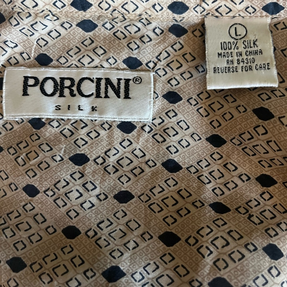 Vintage 90s Porcini Silk Shirt Mens L Tan Geometric Button Up Luxe Minimalist - Picture 8 of 9